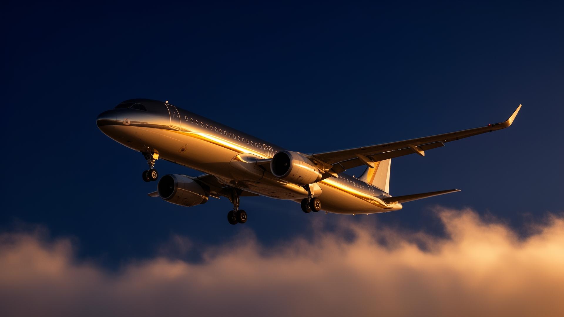 Avião comercial moderno decolando ao entardecer